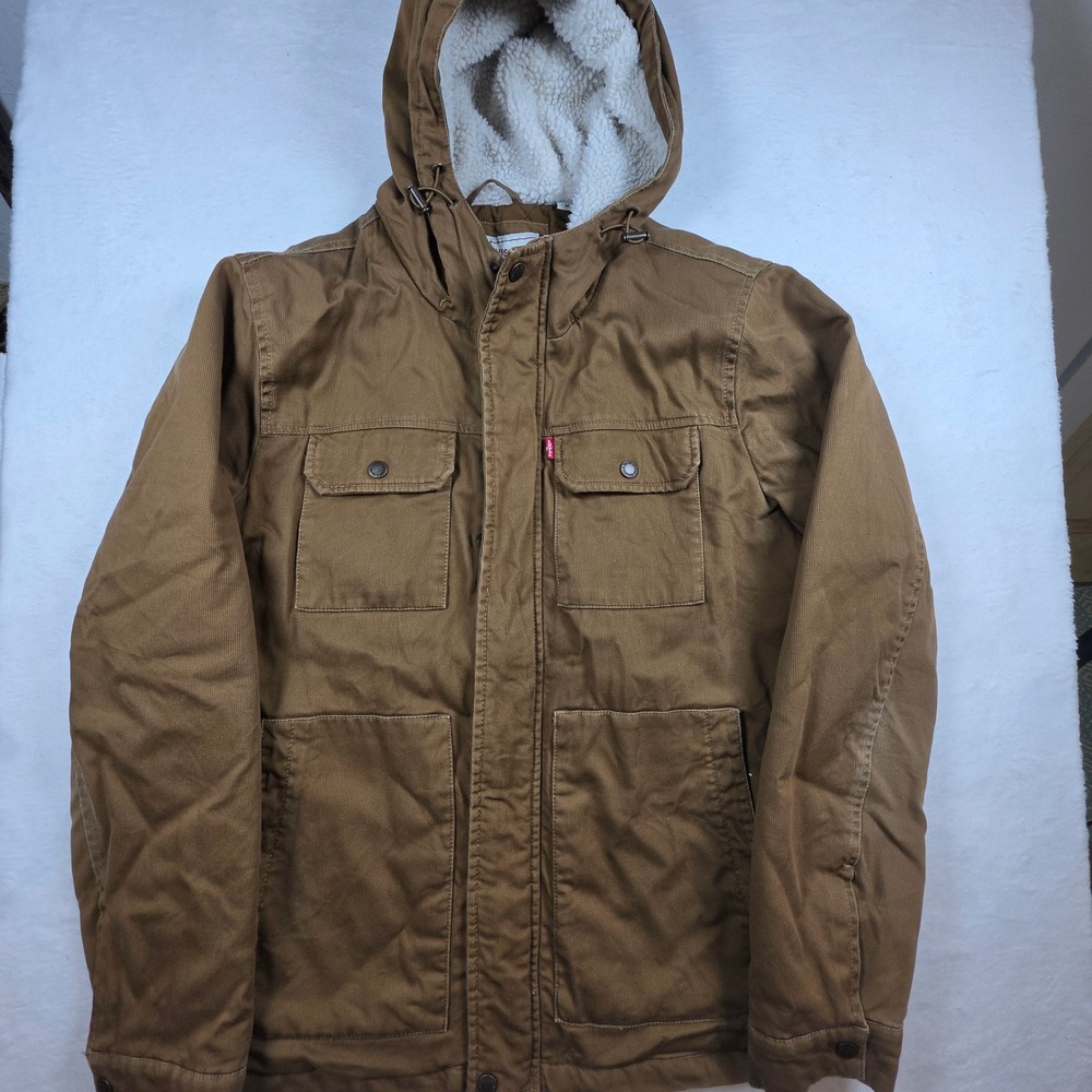Levis Mens Brown Sherpa Lined Hooded Canvas Field Jacket Utility Coat Size M